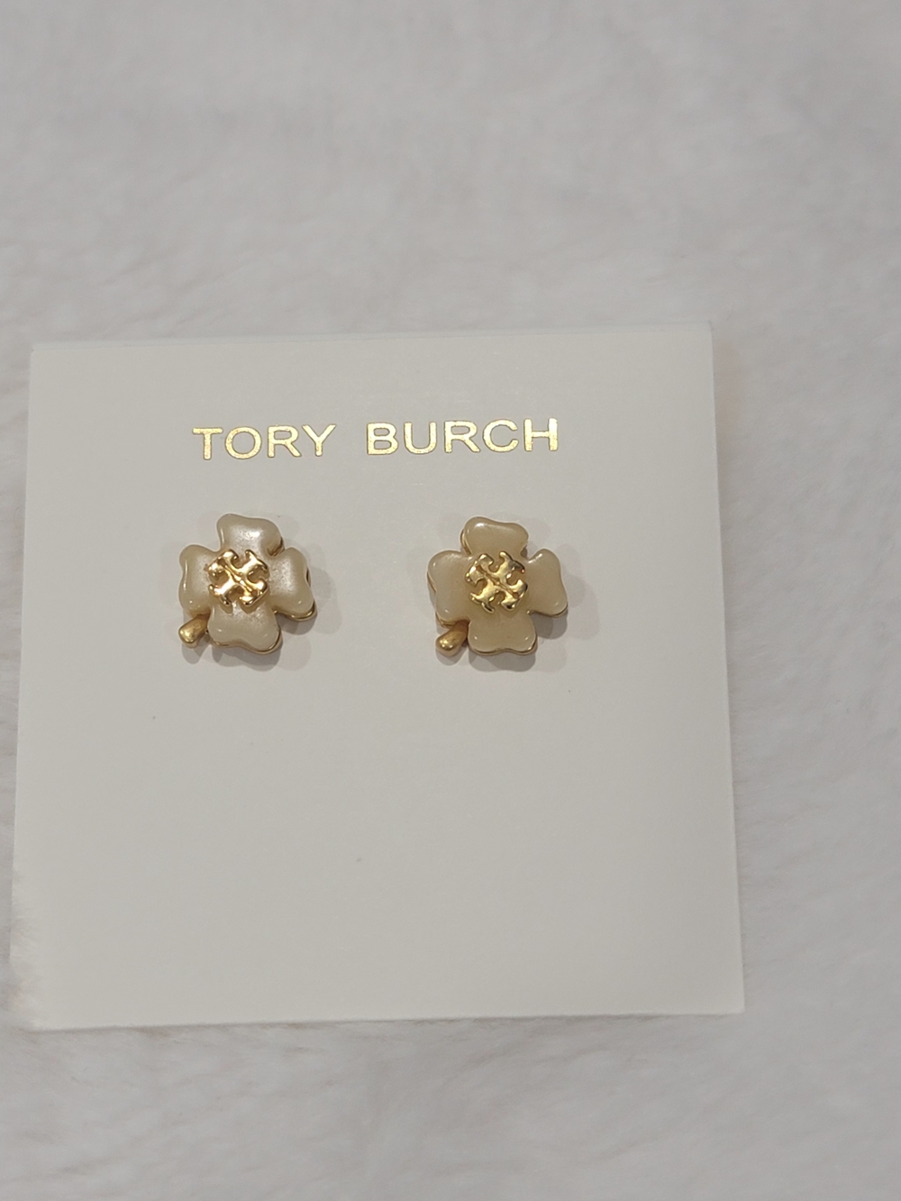 Tory Burch Cream and Gold Flower Stud Earrings